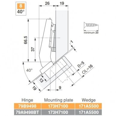 CLIP top +45° III lankstas, su spyruokle, kampinis, Inserta 1