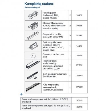 Bīdāmo durvju mehānisma komplekts Hawa JUNIOR 80 B ar sliedi stiprināšanai pie sienas 4