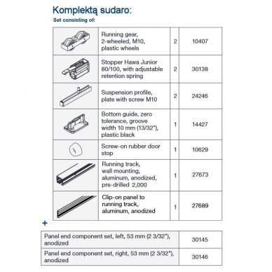 Bīdāmo durvju mehānisma komplekts Hawa JUNIOR 80 B ar sliedi stiprināšanai pie sienas 3