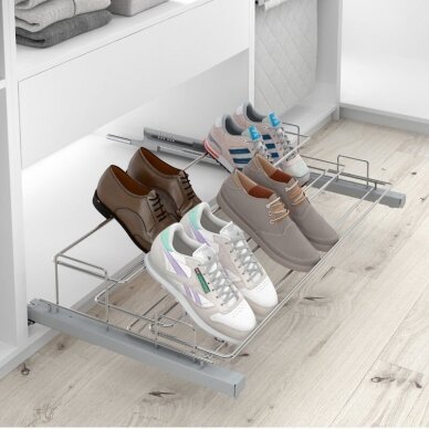 Pullout shoe shelf with soft close