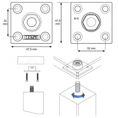 Quadrangular plate with bushing for table leg fastening 3