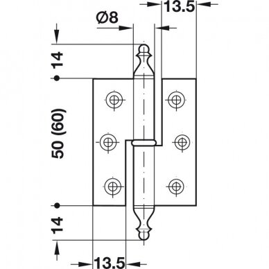 Brass hinge, with flat leaf and knobs. Suitable for full inset doors. 2