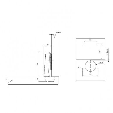 Mini hinge with softclose, with a mounting plate without regulation 1