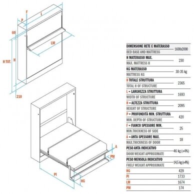 Space-saving vertical pull-down bed solution "OPLA", 1600x2000mm 3